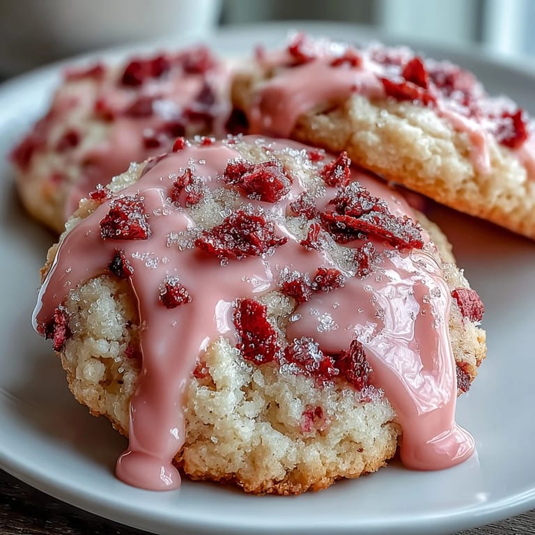 Homemade strawberry sugar cookies with creamy pink glaze, perfect for spring parties or afternoon tea.