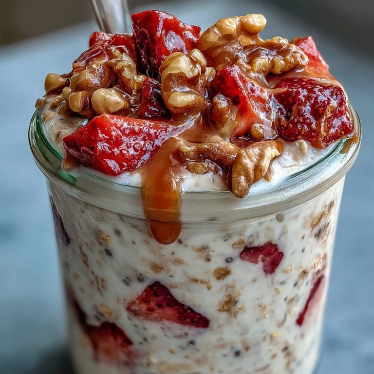 Wholesome overnight oats with strawberries, banana, and walnuts, inspired by classic banana bread flavors and perfect for a quick morning meal.