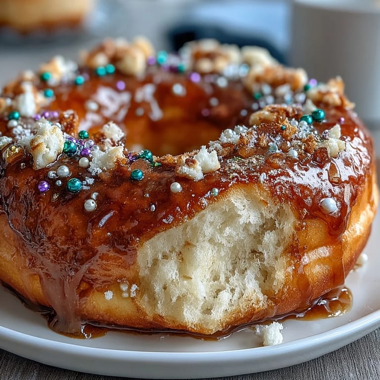 Baked King Cake donuts with lemon zest, vanilla glaze, and colorful Mardi Gras sprinkles for a New Orleans-inspired dessert.
