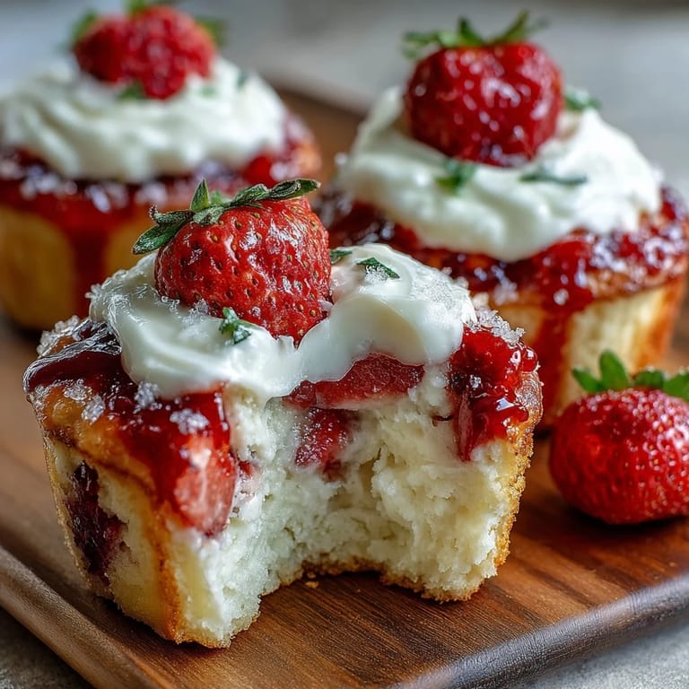 Golden muffins filled with ripe strawberries and rich cream cheese, offering a sweet and tangy flavor in every bite.