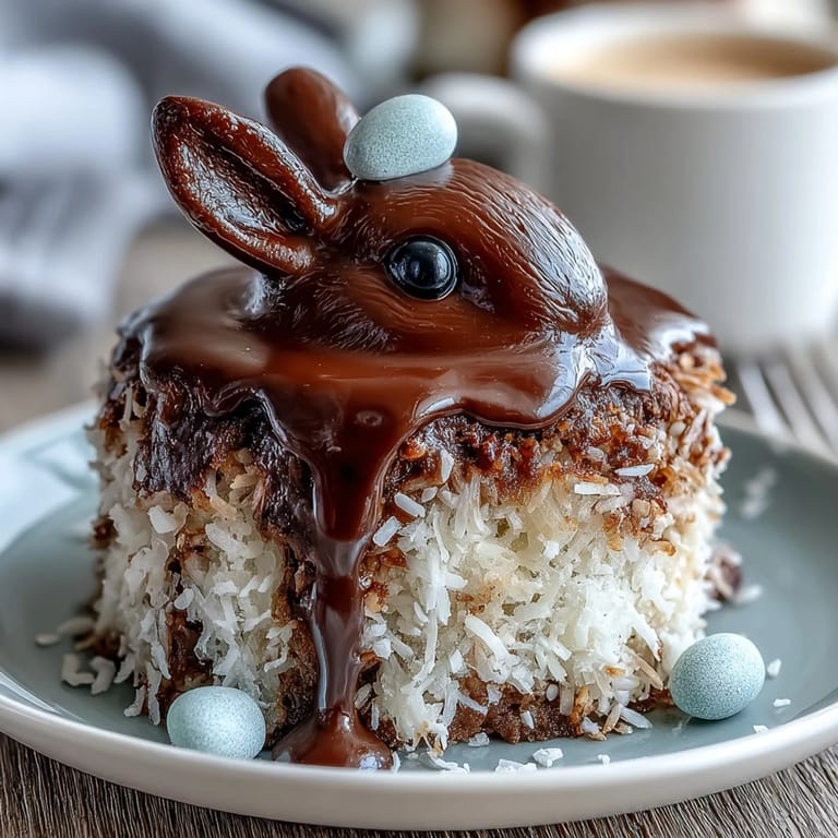 Whimsical Easter Bunny Cake with Coconut Fur and Jelly Bean Tail, featuring soft cake layers shaped into a bunny, frosted and covered in sweet shredded coconut.  