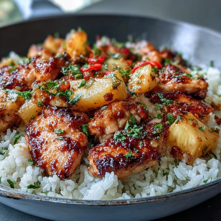 One-pan pineapple chicken and rice with juicy pineapple chunks, tender chicken, and colorful bell peppers.  