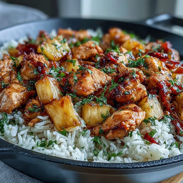 Easy pineapple chicken and rice skillet featuring fresh bell peppers and a glossy soy-pineapple glaze.