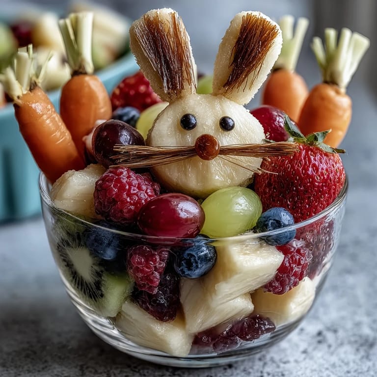 Adorable bunny fruit cups featuring marshmallow cheeks, candy eyes, and fruit-filled cups—an easy, fun snack for Easter parties or spring celebrations.