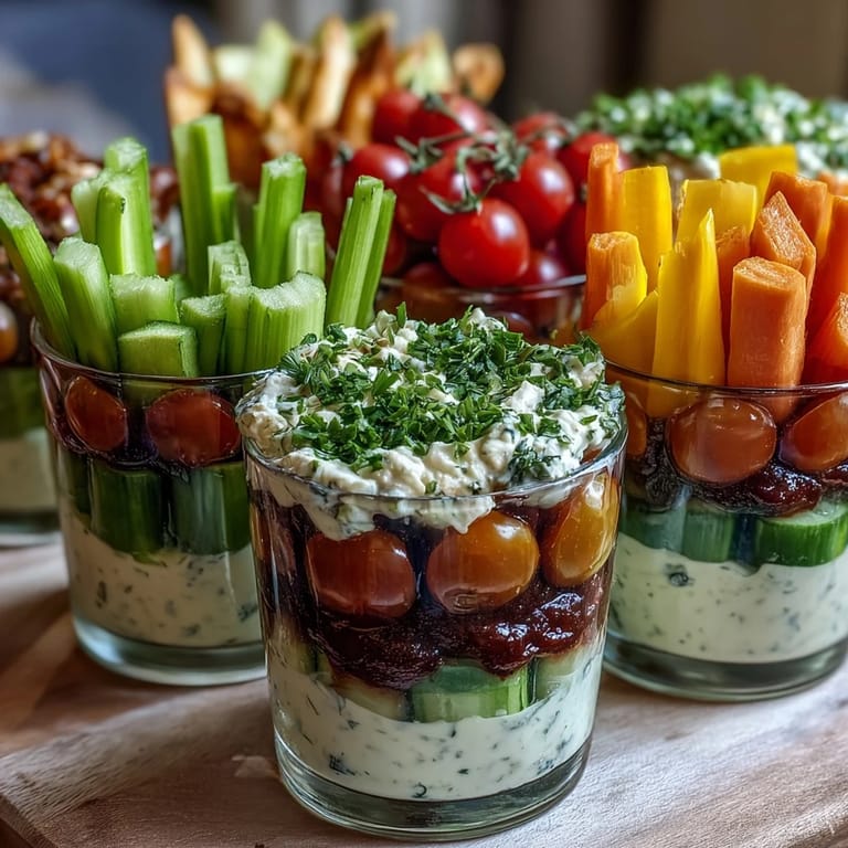 Colorful summer veggie cups featuring crisp bell peppers and celery, paired with tangy Greek yogurt ranch dip for healthy snacking.