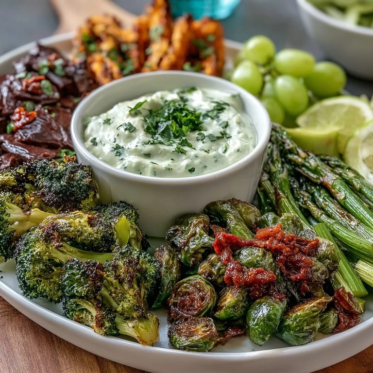 A lively St. Patricks Day platter featuring fresh green vegetables, fruits, and savory snacks paired with creamy dips.