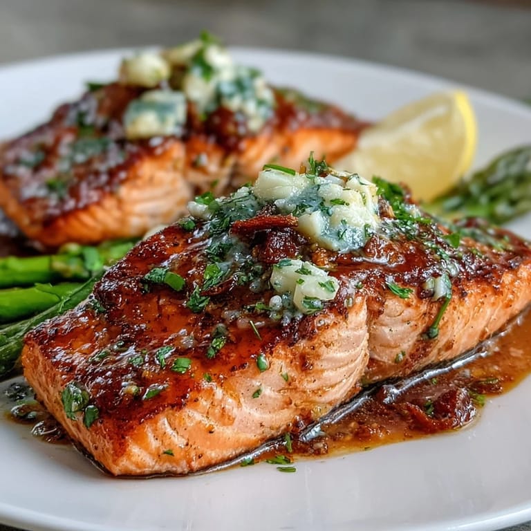 Tender salmon fillets roasted alongside crisp asparagus spears, drizzled with fragrant garlic butter and fresh lemon, ready for an elegant dinner.