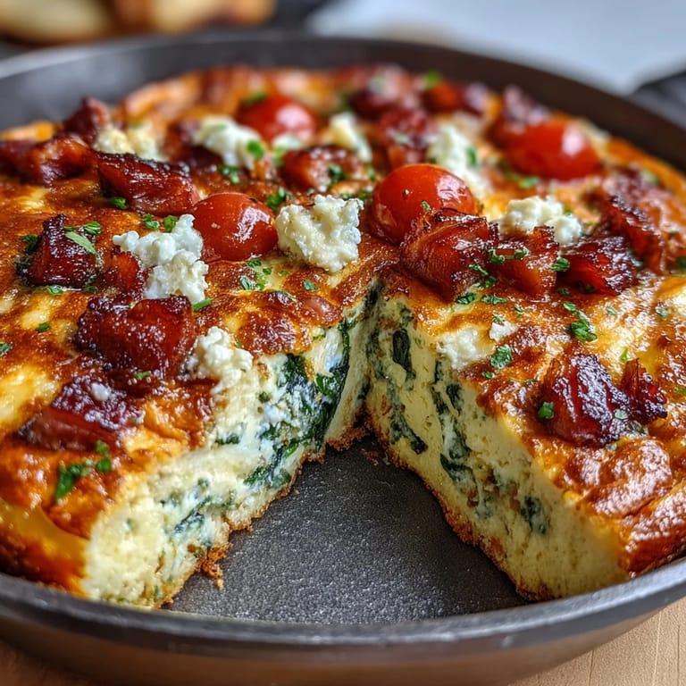 A close-up shot of the finished ham and cheese frittata sliced into wedges, ready to serve.