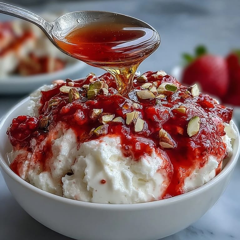 Luscious homemade strawberry compote spooned onto Greek yogurt, topped with granola and fresh mint.  