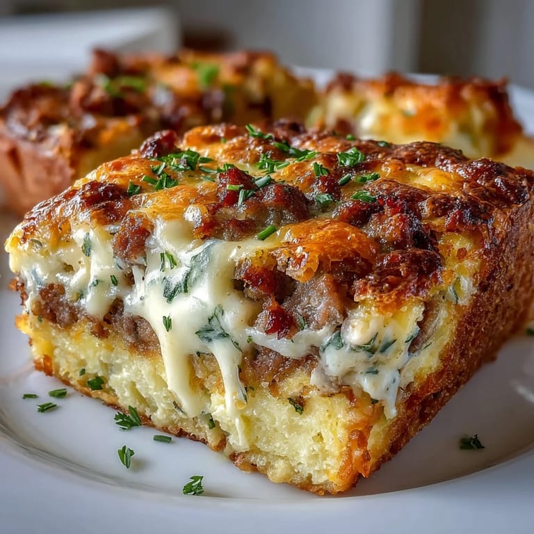 Hearty overnight breakfast casserole packed with sausage, eggs, and melted cheddar, perfect for feeding a large family or brunch crowd.