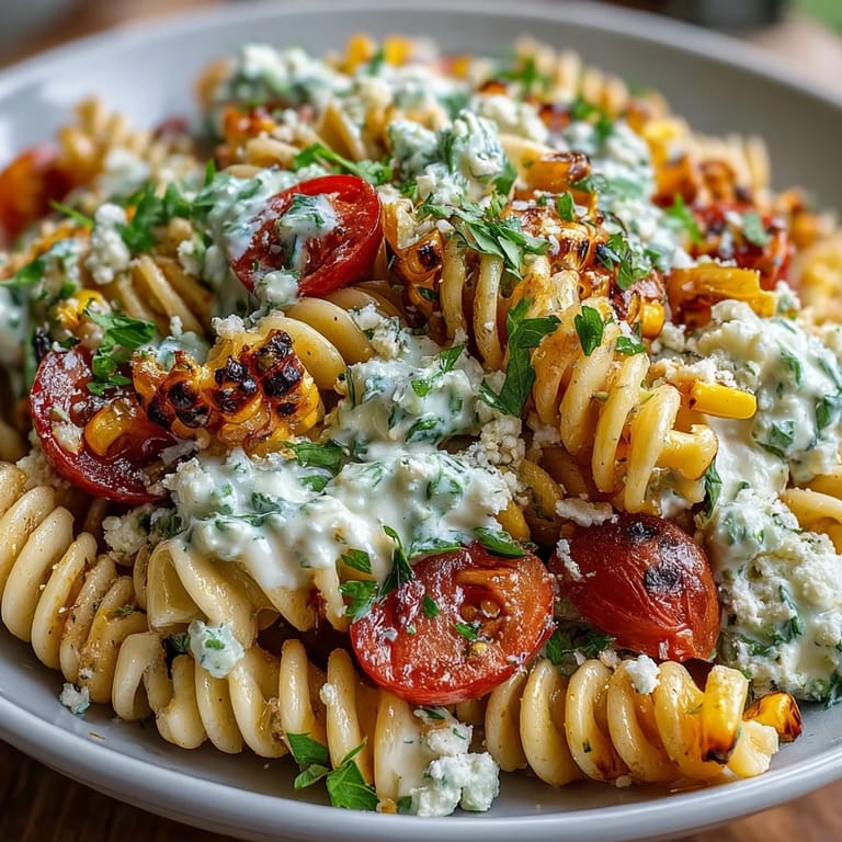Vibrant pasta salad featuring classic elote flavors, with juicy tomatoes, fresh cilantro, and a smoky, spiced dressing.
