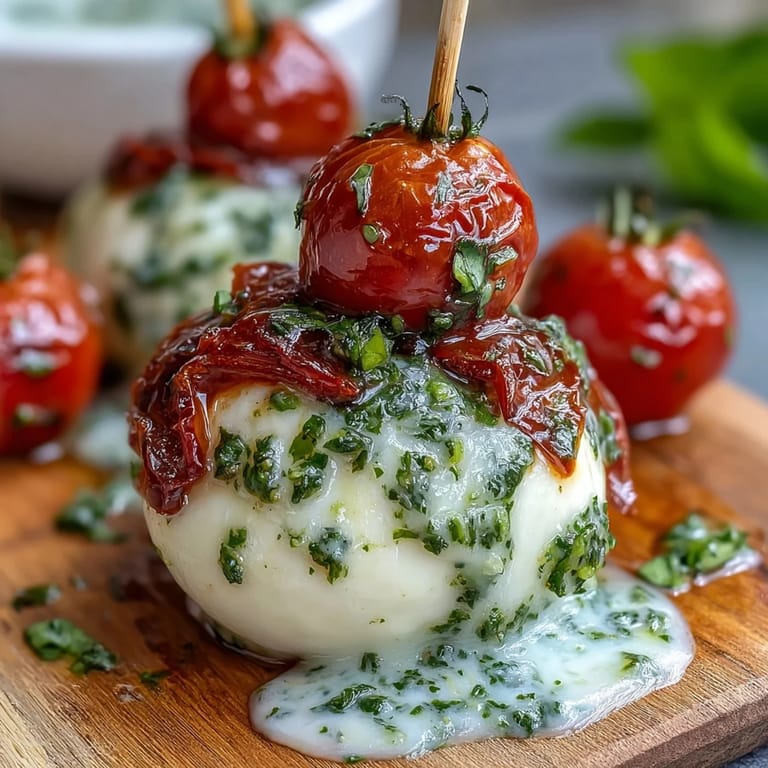 Juicy cherry tomatoes and creamy mozzarella on skewers, topped with fragrant basil and a zesty pesto drizzle.
