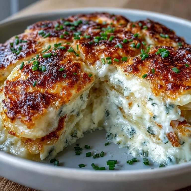 Rich and bubbly Au Gratin Potatoes featuring a creamy garlic sauce and a golden Parmesan cheese crust.