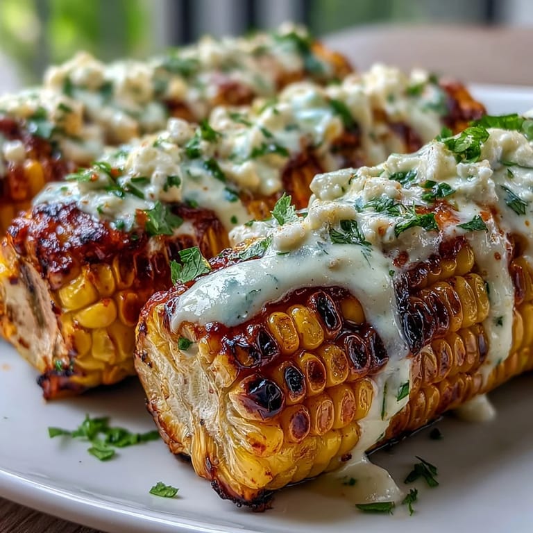 Grilled corn on the cob slathered in zesty elote sauce, topped with cheese and herbs.