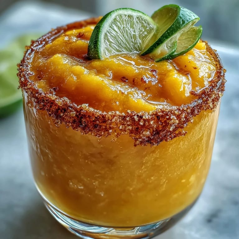 Refreshing non-alcoholic mango margarita with frozen mango, lime, and orange juice, served in a festive cocktail glass.