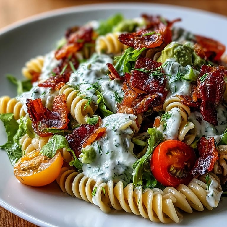 Colorful BLT pasta with juicy tomatoes, chopped romaine, and rich avocado ranch dressing—perfect for picnics.  