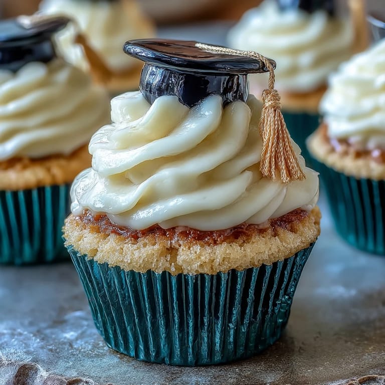 Celebrate with these adorable Simple Graduation Cupcakes featuring vanilla cake, creamy frosting, and handcrafted fondant mortarboard toppers in black and yellow.