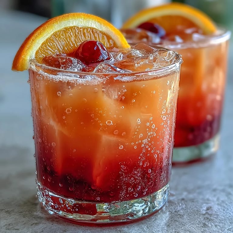 Refreshing Ombre Sunrise Mocktail with Grenadine: Non-alcoholic sunrise effect featuring orange, pineapple, and grenadine in a tall glass with ice.