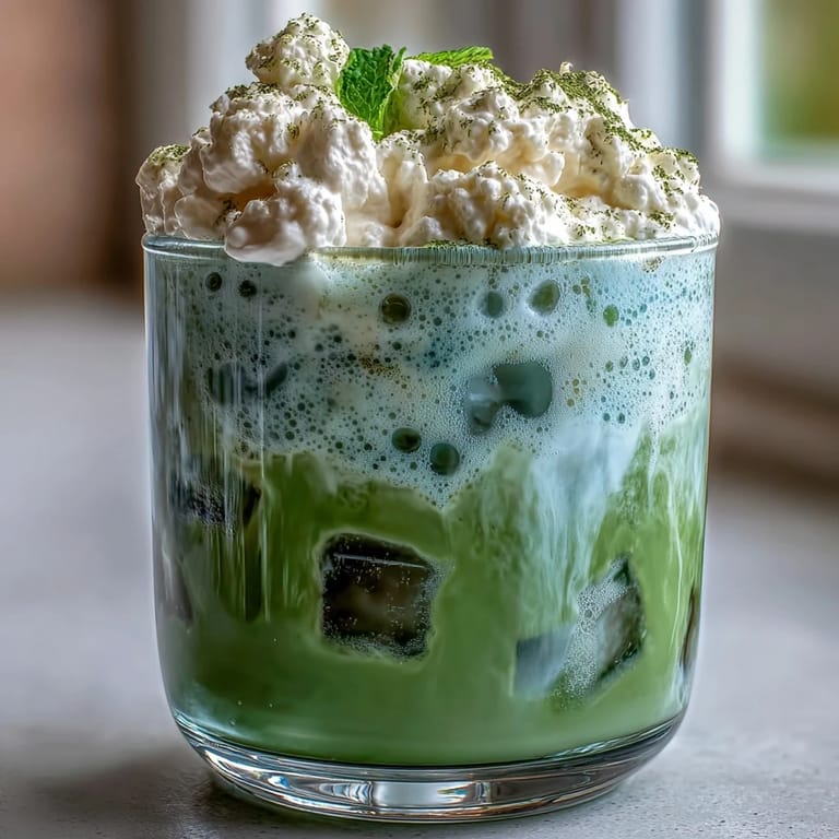 Elegant iced matcha latte with a cloud of vanilla cold foam, perfect for brunch.