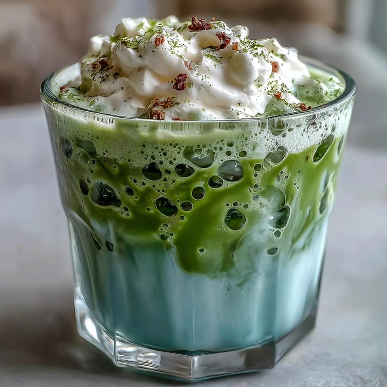 Vibrant green Mother's Day Iced Matcha Latte topped with sweet, frothy vanilla foam.