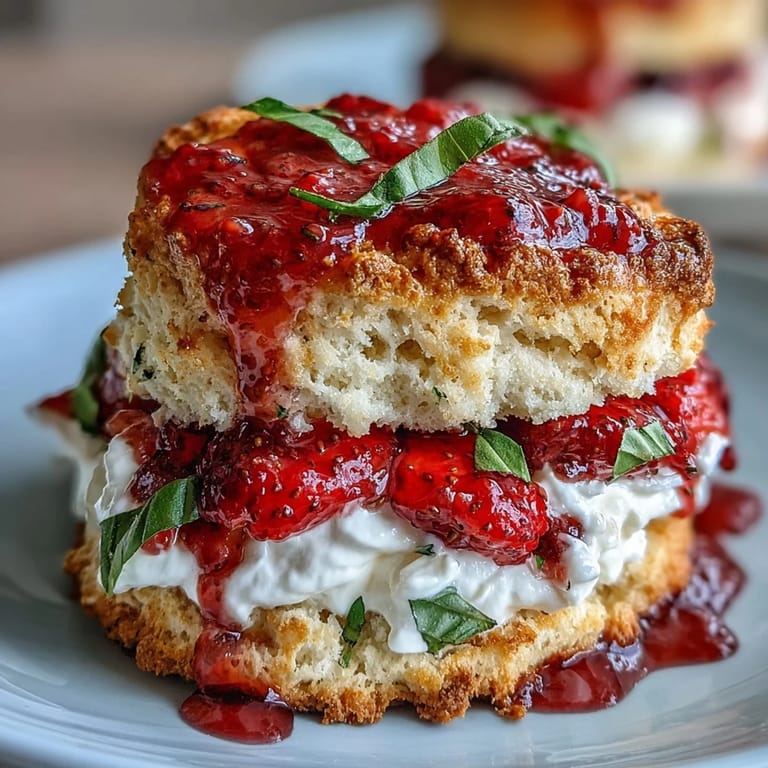 Golden Strawberry Basil Shortcake Biscuits piled high with fresh berries and cream.