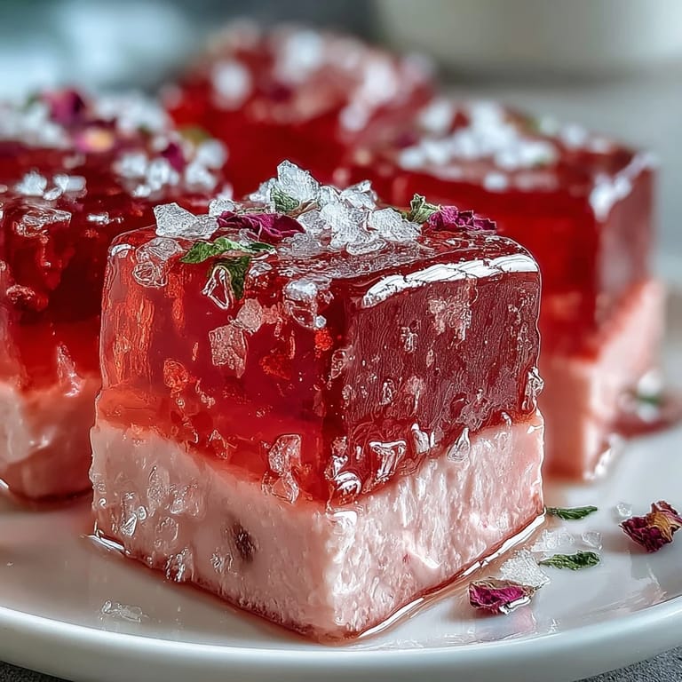 Vibrant strawberry rose gelatin mosaic cake, a visually stunning, chilled dessert.
