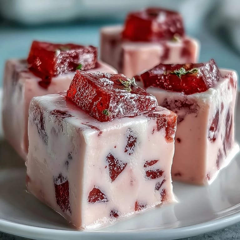 Delightful strawberry rose gelatin mosaic cake, showcasing colorful cubes in creamy goodness.