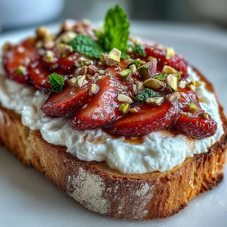 Luscious Strawberry Honey Ricotta Toast with pistachios, perfect for brunch.