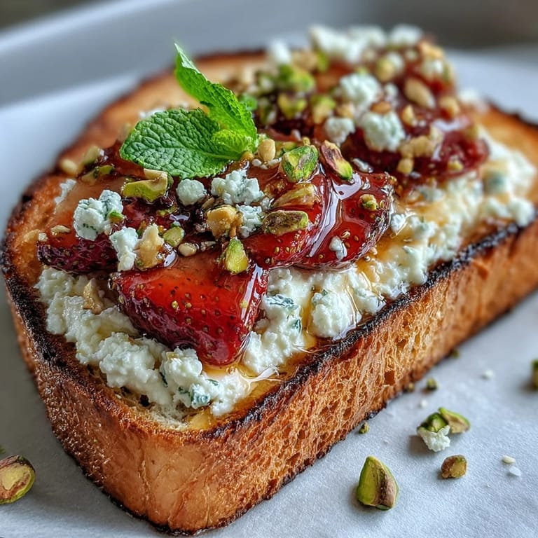 Creamy ricotta toast, topped with fresh strawberries, honey, and crunchy pistachios.