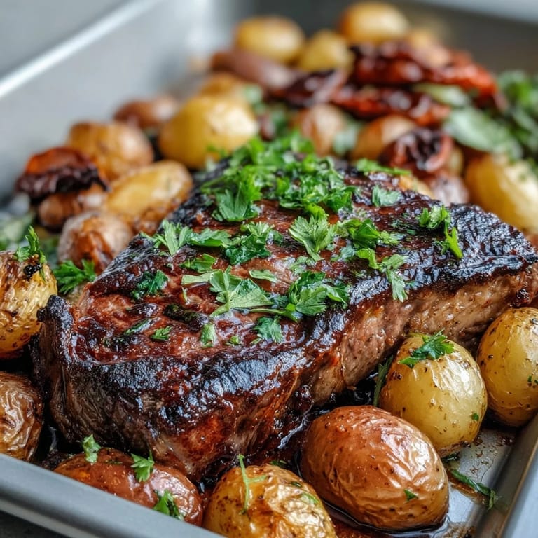 One-pan Father's Day Steak and Potato Dinner showcasing perfectly cooked steak and vibrant roasted vegetables.