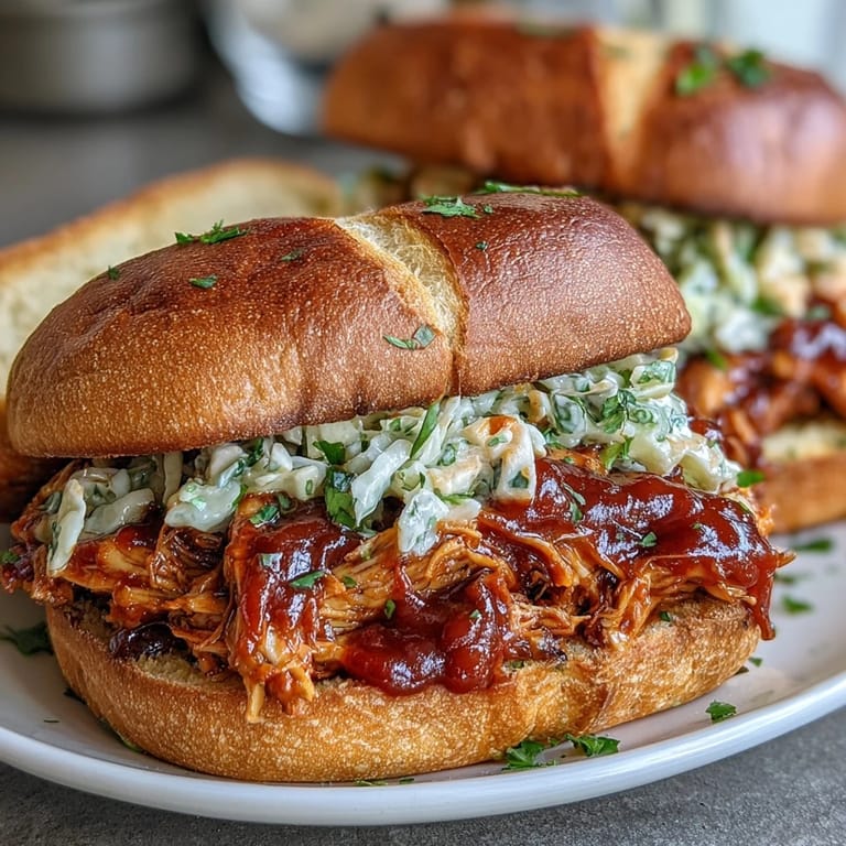 Hearty BBQ Pulled Jackfruit Sandwiches topped with creamy coleslaw on toasted buns.