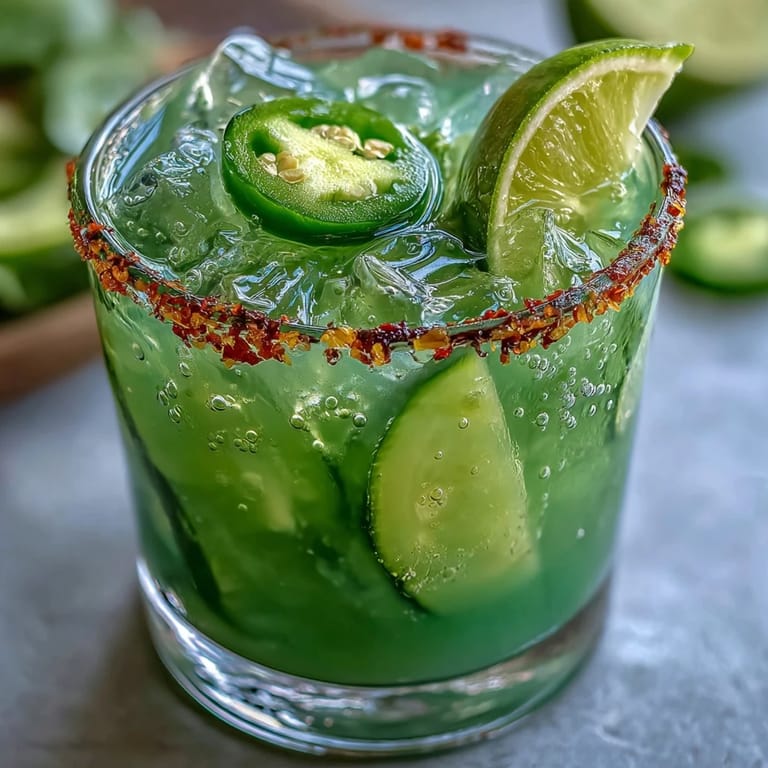 Tangy Viral Pickle Margarita Mocktail, featuring a zesty jalapeño-salt rim perfection.