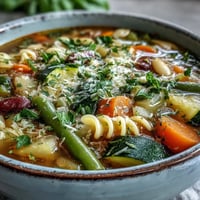 Hearty minestrone vegetable soup with tender pasta, beans, and fresh herbs in a rustic bowl.