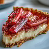 Freshly roasted rhubarb batons glisten atop a creamy white chocolate and elderflower tart.