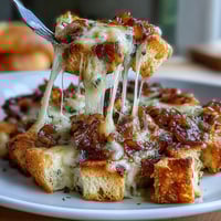 Golden French Onion Chicken Thigh Bake with caramelized onions, tender chicken, and a crisp sourdough bread topping.