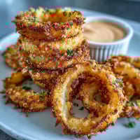 Crispy baked onion rings with golden coating served alongside creamy smoky paprika dip for dipping.  