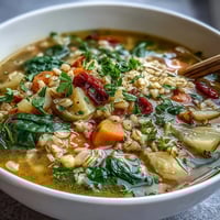 A steaming bowl of warm winter-to-spring vegetable soup with barley, packed with colorful root vegetables and fresh greens.