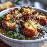 Roasted garlic and onion soup with herb croutons in a white bowl, topped with golden, crispy croutons.  