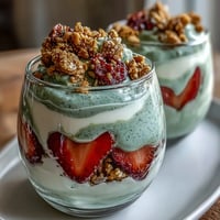 A colorful parfait with creamy matcha yogurt, fresh strawberries, and crunchy granola for a refreshing breakfast treat.