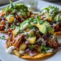 Crispy tostadas topped with juicy shredded chicken, vibrant pineapple salsa, and tangy lime crema.  