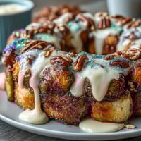 King Cake Pull-Apart Monkey Bread with Cream Cheese Icing: A Mardi Gras treat with cinnamon sugar biscuit balls, drizzled in creamy icing and topped with colorful sanding sugars.