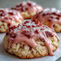 Soft strawberry sugar cookies with pink icing, fresh strawberries, and a glossy glaze on a rustic baking tray.  