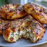 Fluffy high-protein bagels topped with savory everything seasoning, baked to golden perfection for a nutritious breakfast.  