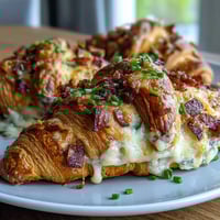 Golden baked ham and cheese croissant casserole with melted Gruyère and crispy edges, ideal for a cozy weekend brunch.