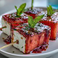 Colorful summer party appetizer featuring juicy watermelon cubes, creamy feta, and fresh mint on skewers drizzled with olive oil and balsamic glaze.  