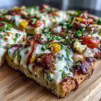 Festive rainbow veggie flatbread pizza with colorful peppers, broccoli, and tomatoes on a cheesy naan base.