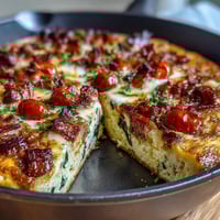 Hearty one-pan ham and cheese frittata with golden edges, melty cheddar, and fresh spinach for a satisfying breakfast.
