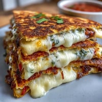 Crispy mini quesadilla triangles filled with melted cheese and bell peppers, served with fresh tomato salsa for dipping.