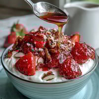 Fresh strawberry compote drizzled over creamy Greek yogurt with crunchy nuts and honey.  