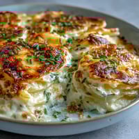 Creamy Au Gratin Potatoes baked to golden perfection with layers of tender Yukon Gold potatoes and melted Gruyère cheese.
